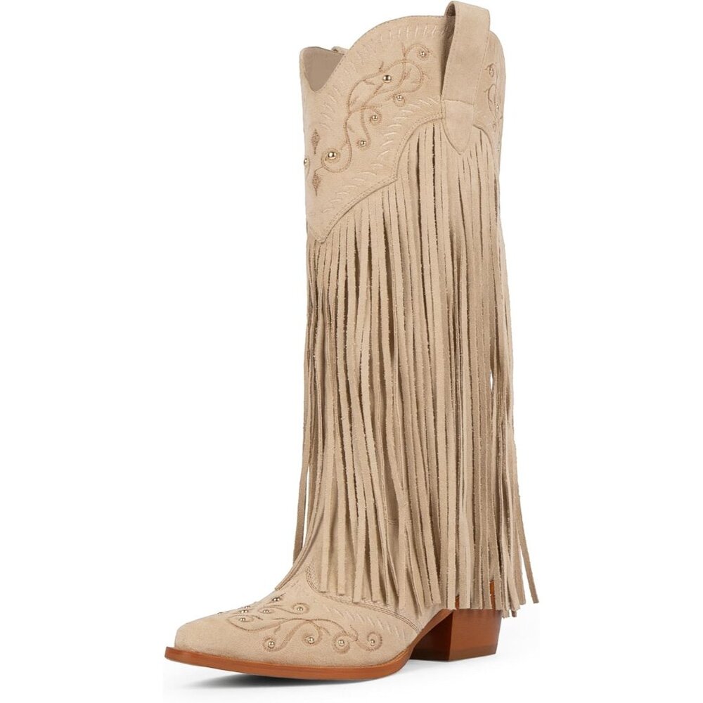 Women's Suede Beige Fringe Knee High Boots Embroidered Cowgirl Western Pointed